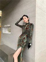 CHEERART Vintage Green Floral Bodycon Cheongsam Dress Long