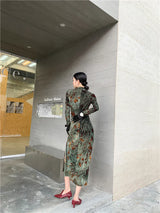 CHEERART Vintage Green Floral Bodycon Cheongsam Dress Long