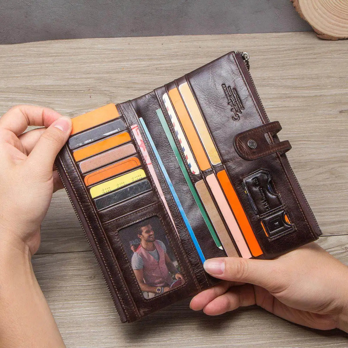 CONTACT'S Genuine Leather Long Wallets for Men Vintage Card Holder Coin Purses Money Clips Phone Pocket Male Name Engrave Wallet