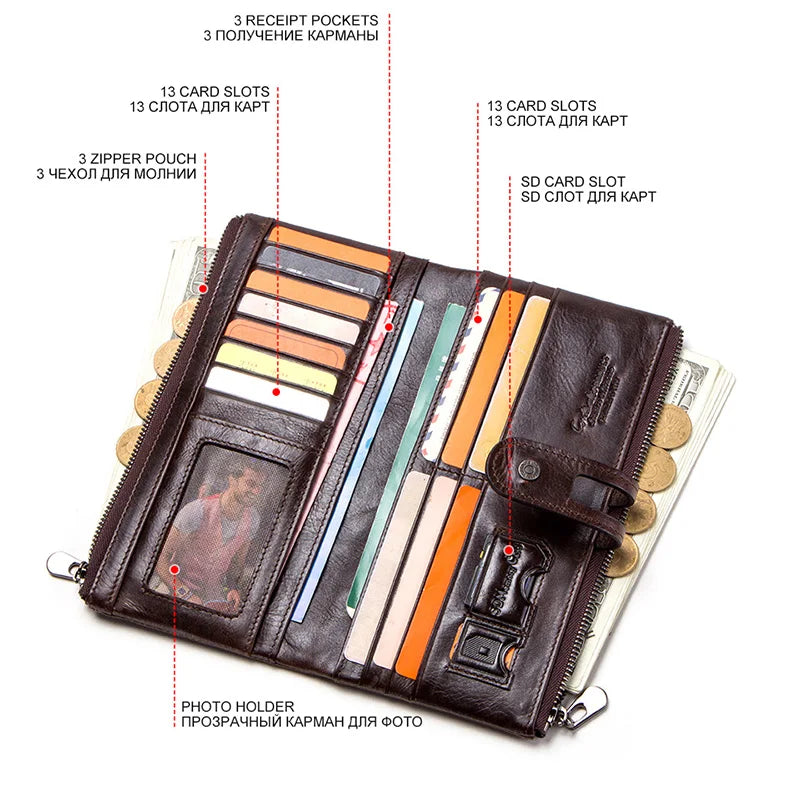 CONTACT'S Genuine Leather Long Wallets for Men Vintage Card Holder Coin Purses Money Clips Phone Pocket Male Name Engrave Wallet