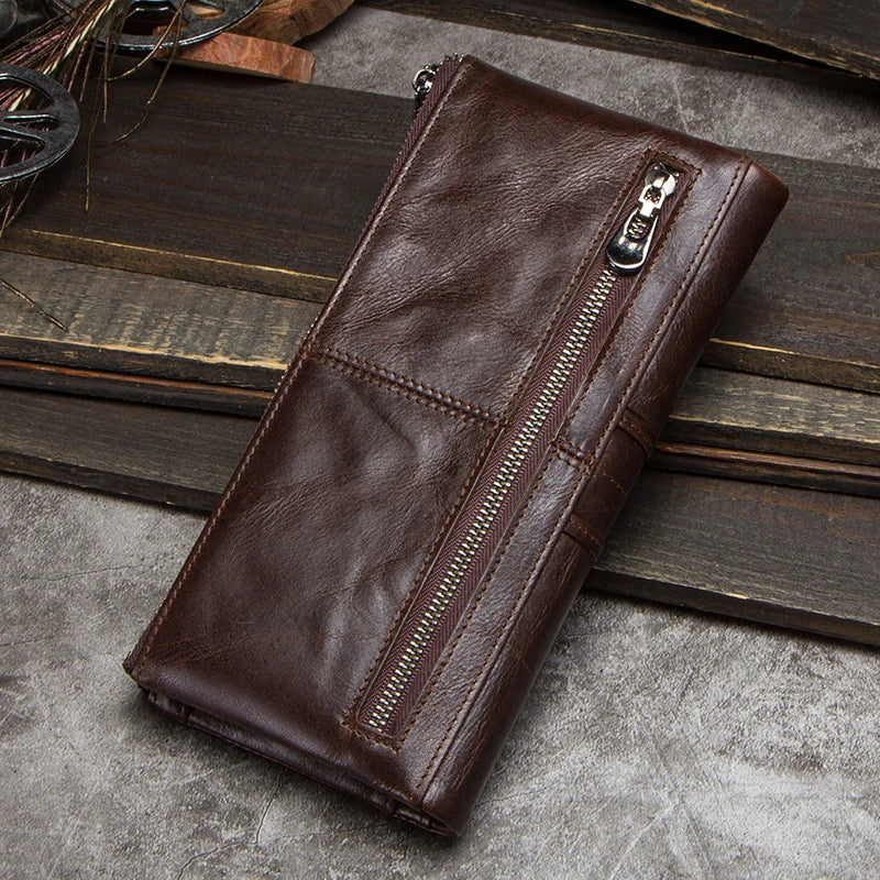 CONTACT'S Genuine Leather Long Wallets for Men Vintage Card Holder Coin Purses Money Clips Phone Pocket Male Name Engrave Wallet