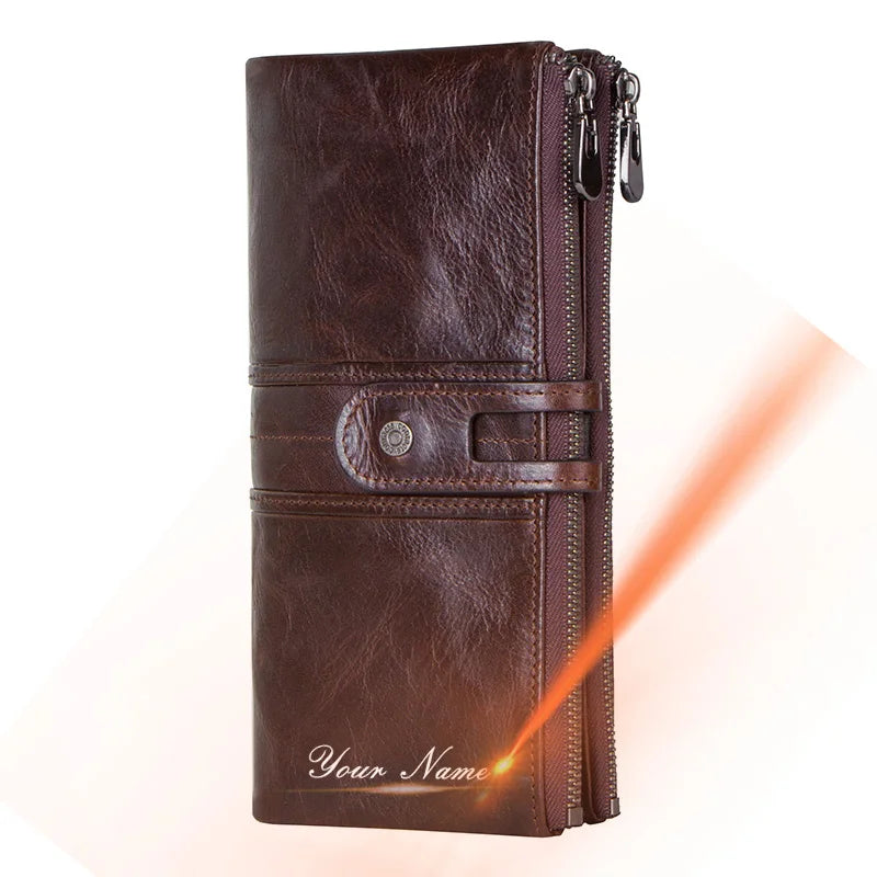 CONTACT'S Genuine Leather Long Wallets for Men Vintage Card Holder Coin Purses Money Clips Phone Pocket Male Name Engrave Wallet