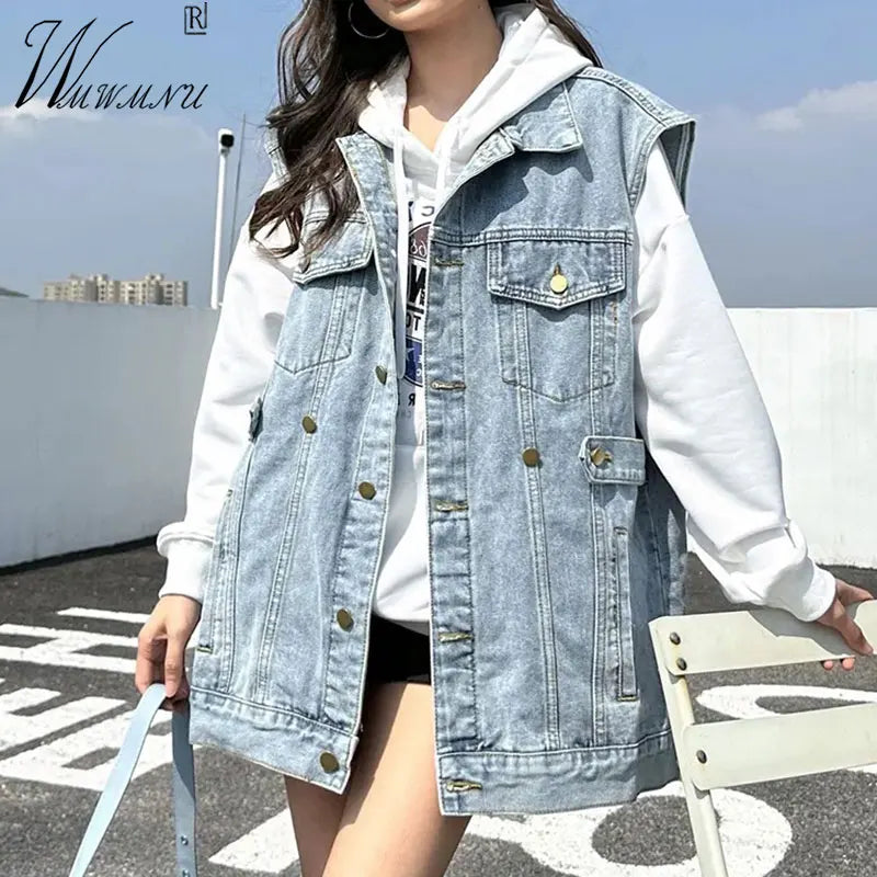 Casual Loose Denim Vest Women Streetwear Blue Black