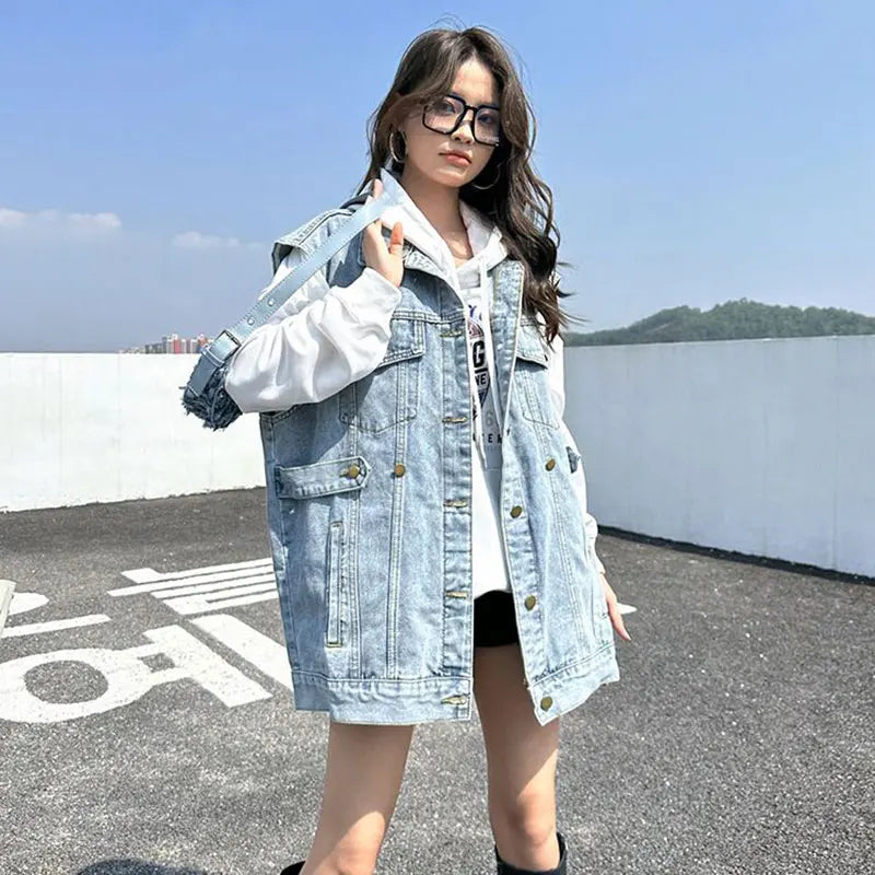 Casual Loose Denim Vest Women Streetwear Blue Black