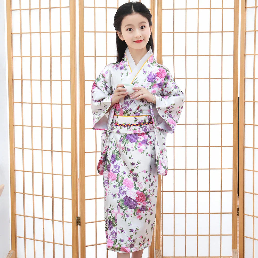 Children Girls Red Japanese Kimono Bathrobe Gown Print