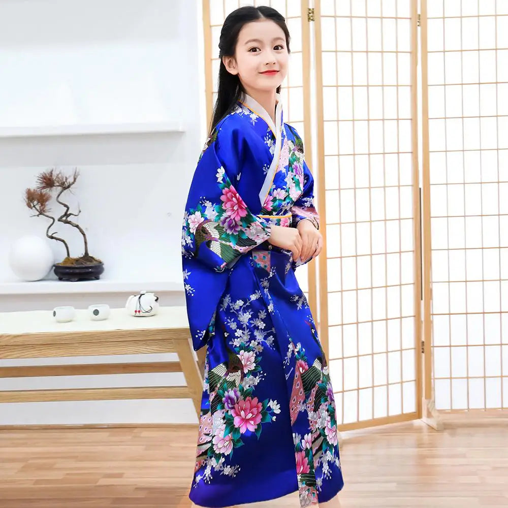 Children Girls Red Japanese Kimono Bathrobe Gown Print