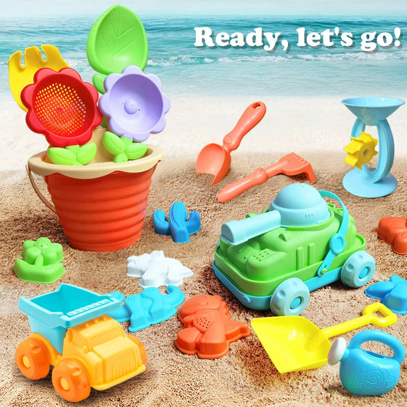 Children's beach toys, playing sand, digging an hourglass,