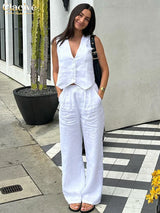 Clacive Summer White Linen Two Piece Set For