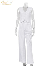 Clacive Summer White Linen Two Piece Set For