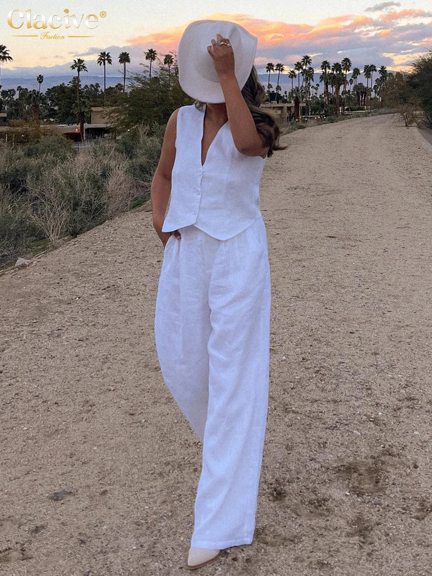 Clacive Summer White Linen Two Piece Set For