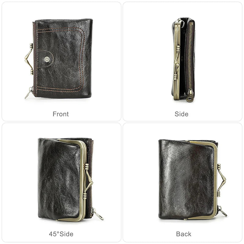 Contact'S Genuine Leather Wallet Women Small Metal Frame Purse Ladies Hasp and Zipper Coin Pocket Credit Card Holder