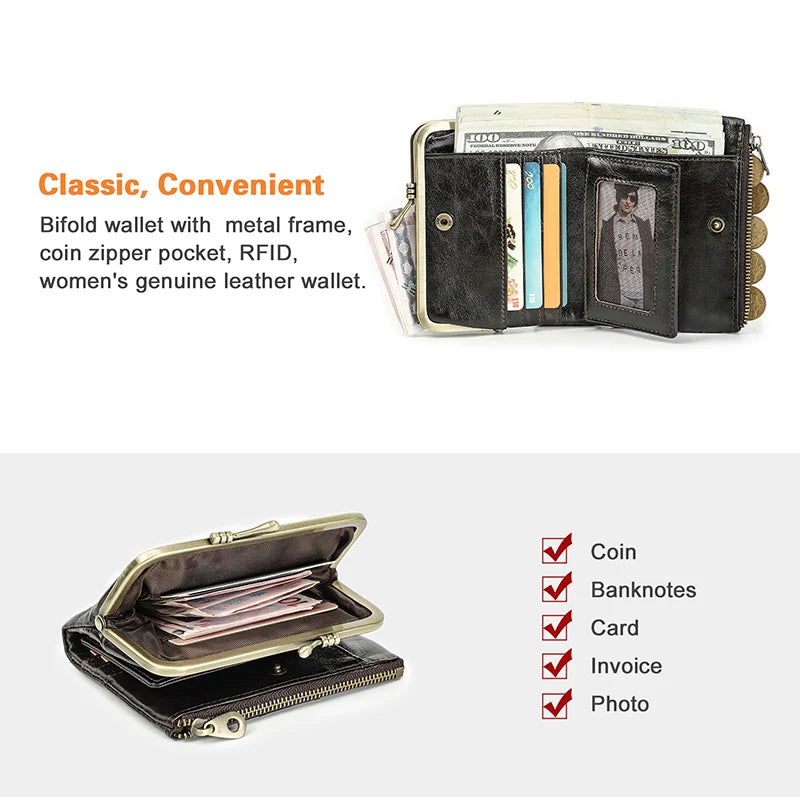 Contact'S Genuine Leather Wallet Women Small Metal Frame Purse Ladies Hasp and Zipper Coin Pocket Credit Card Holder