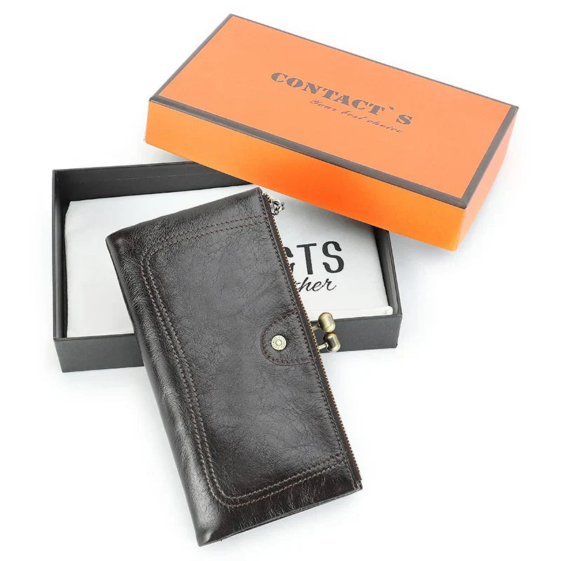 Contact'S Long Wallet Women Genuine Leather Metal Frame Credit Card Holder Hasp and Zipper Woman Phone Purse 4 Color