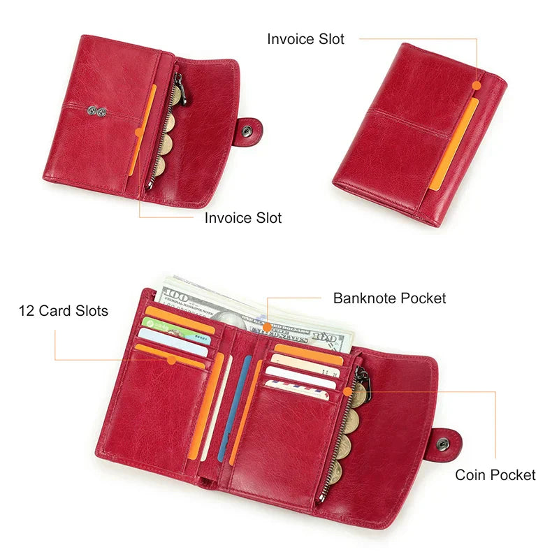 Contact'S Small Wallet Women Genuine Leather ID Credit Cards Holder Wallets Red Fashion Hasp Trifold Purse Case Soild Pattern