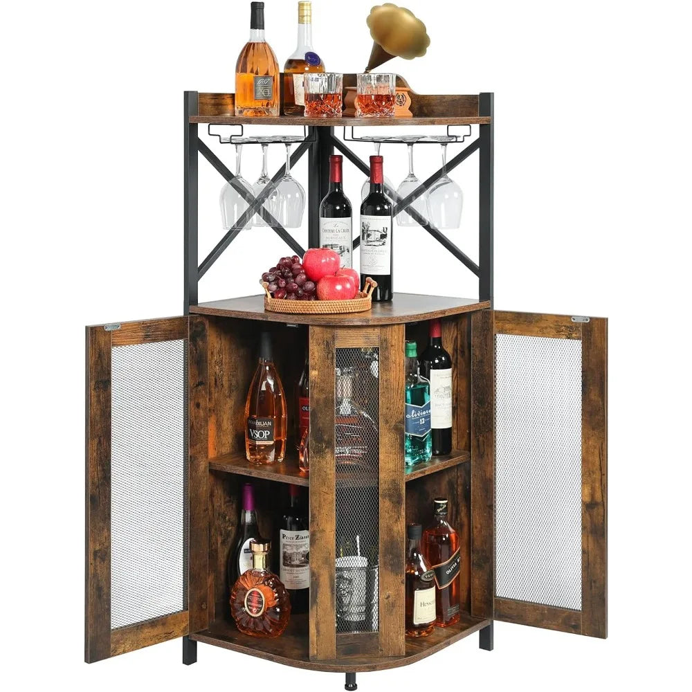 Corner Bar Cabinet with LED Lights, 5-layer Wine