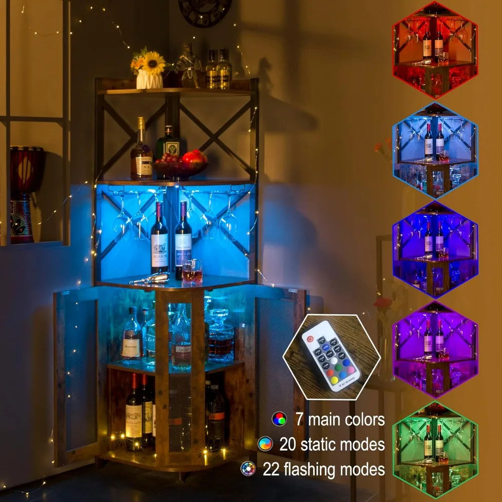 Corner Bar Cabinet with LED Lights, 5-layer Wine