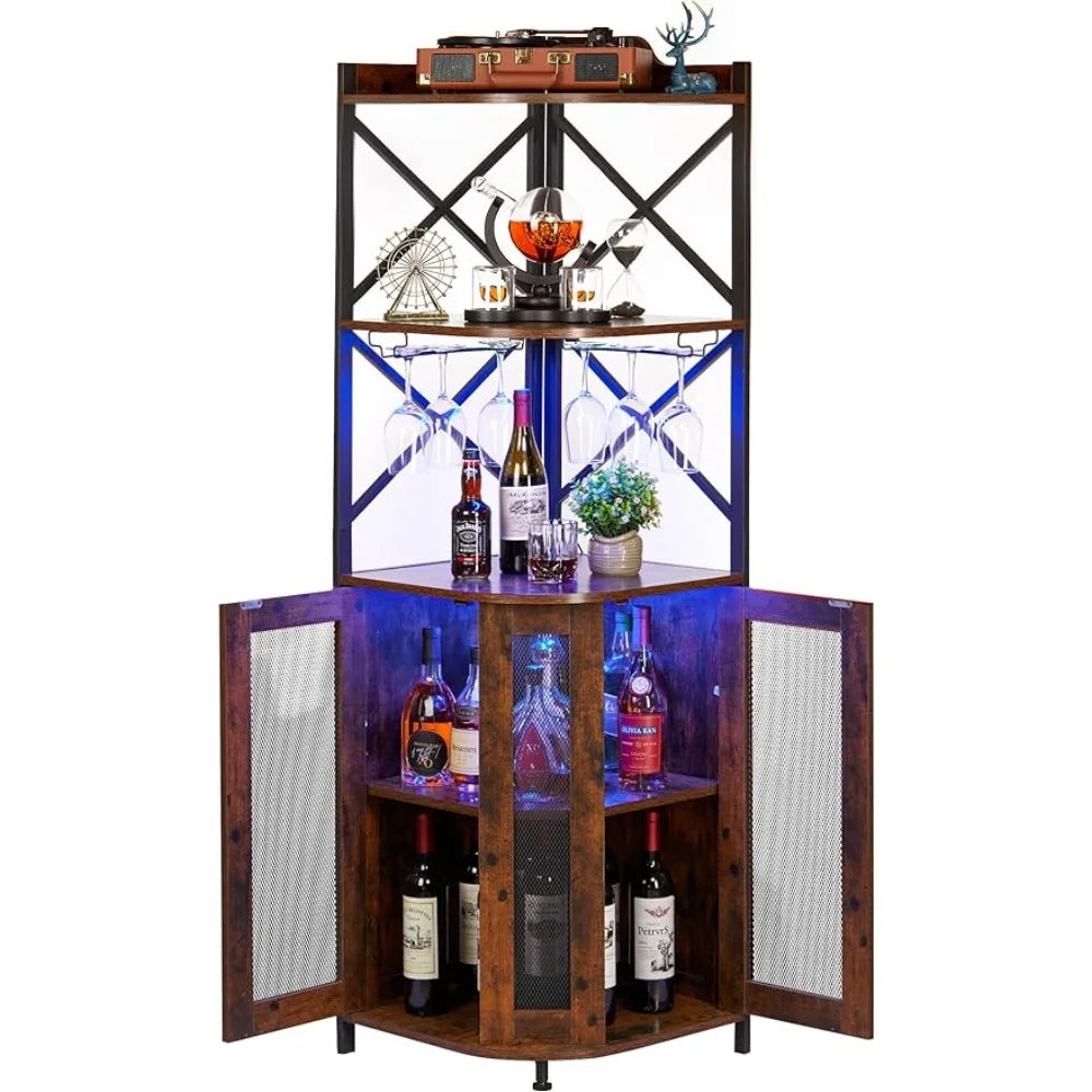 Corner Bar Cabinet with LED Lights, 5-layer Wine