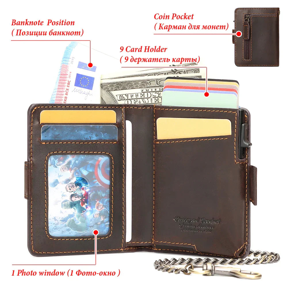 Crazy Horse Leather Card Holder RFID Blocking Card Case Smart Pop-up Cardholder Fashion Men's Wallet with Long Anti-theft Chain