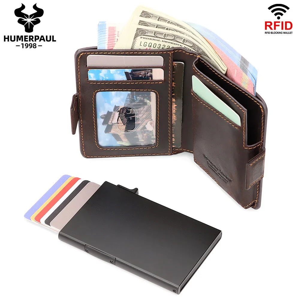 Crazy Horse Leather Card Holder RFID Blocking Card Case Smart Pop-up Cardholder Fashion Men's Wallet with Long Anti-theft Chain