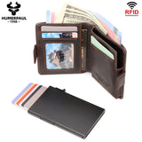 Crazy Horse Leather Card Holder RFID Blocking Card Case Smart Pop-up Cardholder Fashion Men's Wallet with Long Anti-theft Chain