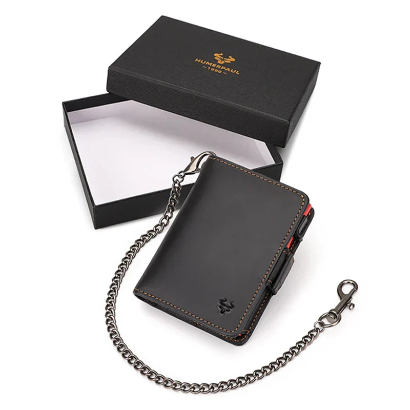 Crazy Horse Leather Card Holder RFID Blocking Card Case Smart Pop-up Cardholder Fashion Men's Wallet with Long Anti-theft Chain