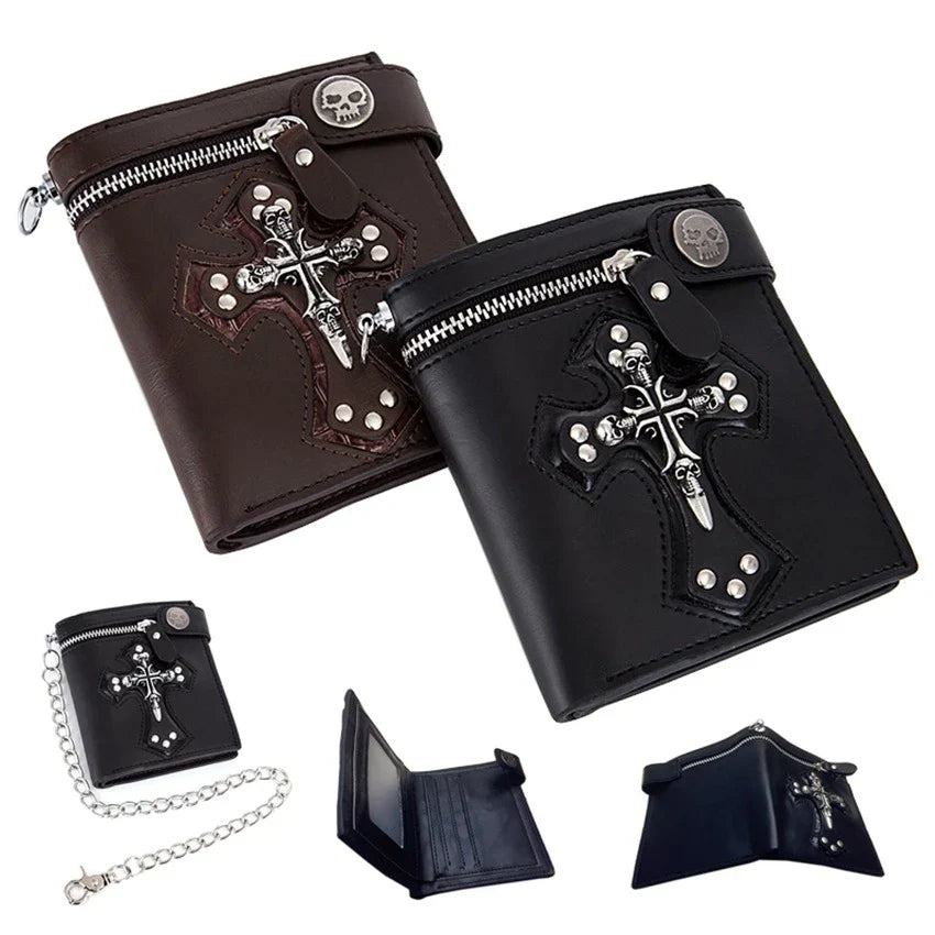 Crucifix Skull Retro Men‘s Wallet Money Clip PU Leather Billfold Chain Zipper Folded Purse Card Holder Detachable Metal Chain