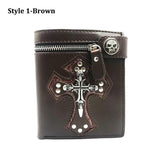 Crucifix Skull Retro Men‘s Wallet Money Clip PU Leather Billfold Chain Zipper Folded Purse Card Holder Detachable Metal Chain