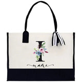 Custom Name Totes Bag Fashion Canvas Tote Letter Flower Portable Beach Shoulder Shopping Casual Beach Bag Large Capacity Handbag