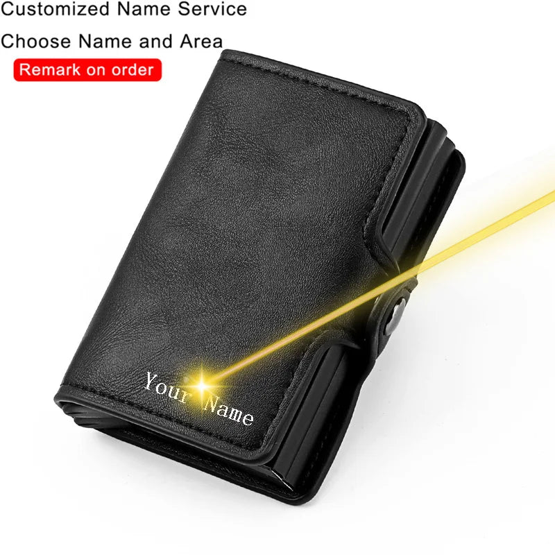 Customized Name Logo Smart Wallet Men Woman RFID Blocking ID Credit Card Holder Leather Wallet Metal Double Box CardHolder Purse