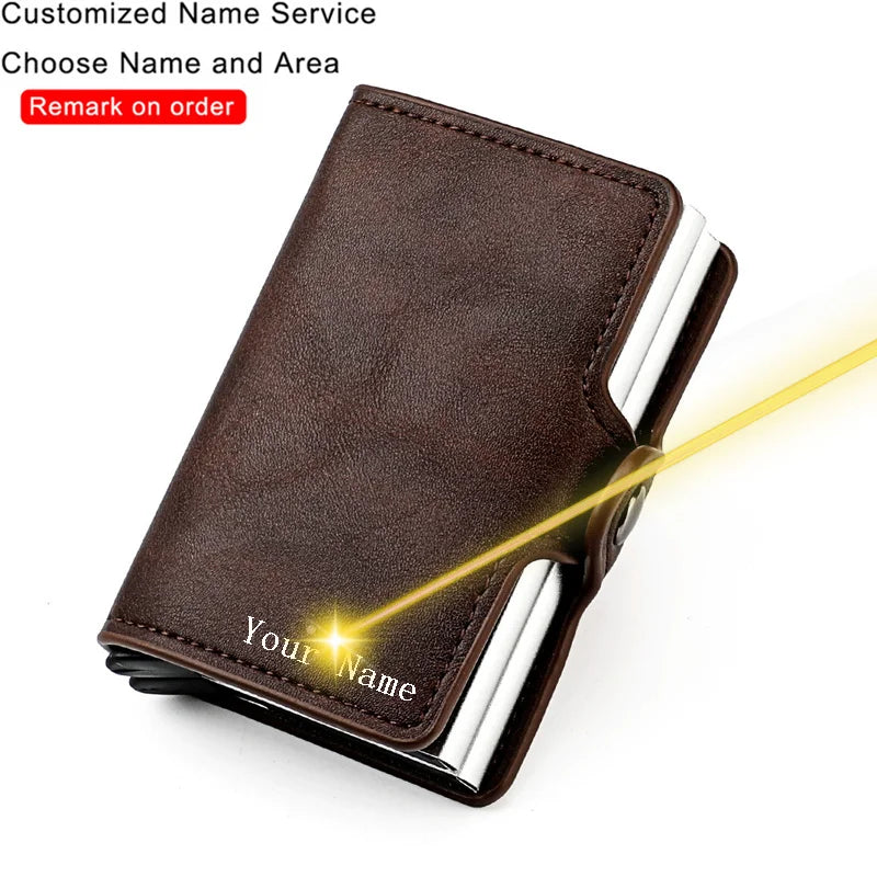 Customized Name Logo Smart Wallet Men Woman RFID Blocking ID Credit Card Holder Leather Wallet Metal Double Box CardHolder Purse