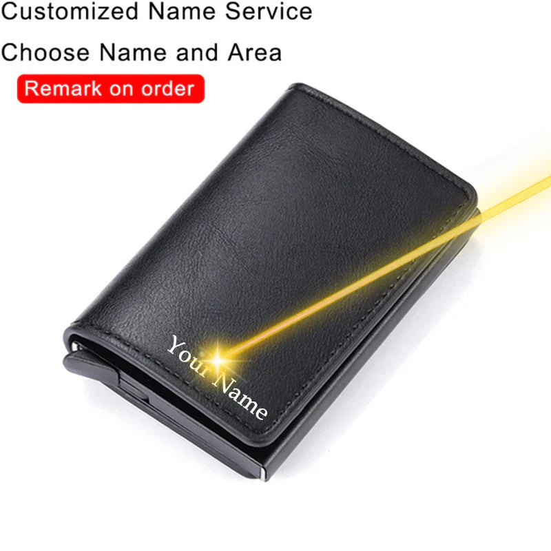 Customized Name Logo Smart Wallet Men Woman RFID Blocking ID Credit Card Holder Leather Wallet Metal Double Box CardHolder Purse