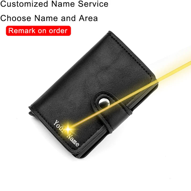 Customized Name Logo Smart Wallet Men Woman RFID Blocking ID Credit Card Holder Leather Wallet Metal Double Box CardHolder Purse