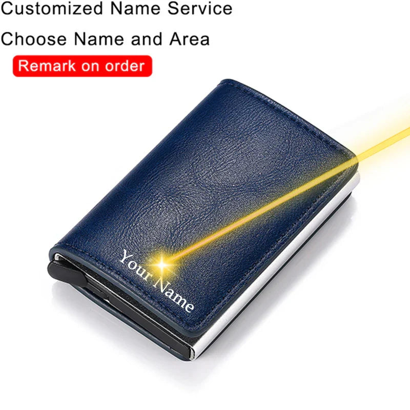 Customized Name Logo Smart Wallet Men Woman RFID Blocking ID Credit Card Holder Leather Wallet Metal Double Box CardHolder Purse