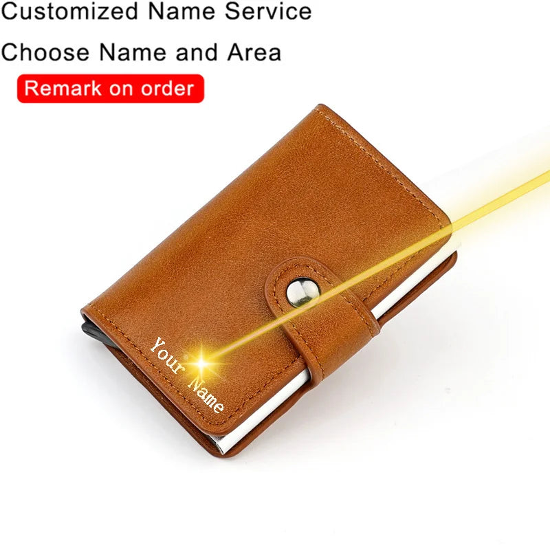 Customized Name Logo Smart Wallet Men Woman RFID Blocking ID Credit Card Holder Leather Wallet Metal Double Box CardHolder Purse