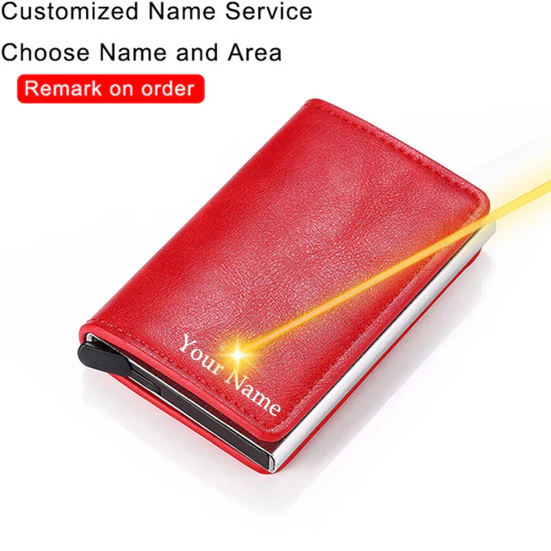 Customized Name Logo Smart Wallet Men Woman RFID Blocking ID Credit Card Holder Leather Wallet Metal Double Box CardHolder Purse