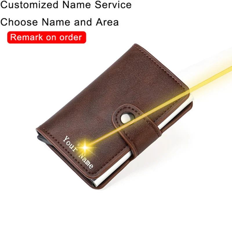 Customized Name Logo Smart Wallet Men Woman RFID Blocking ID Credit Card Holder Leather Wallet Metal Double Box CardHolder Purse