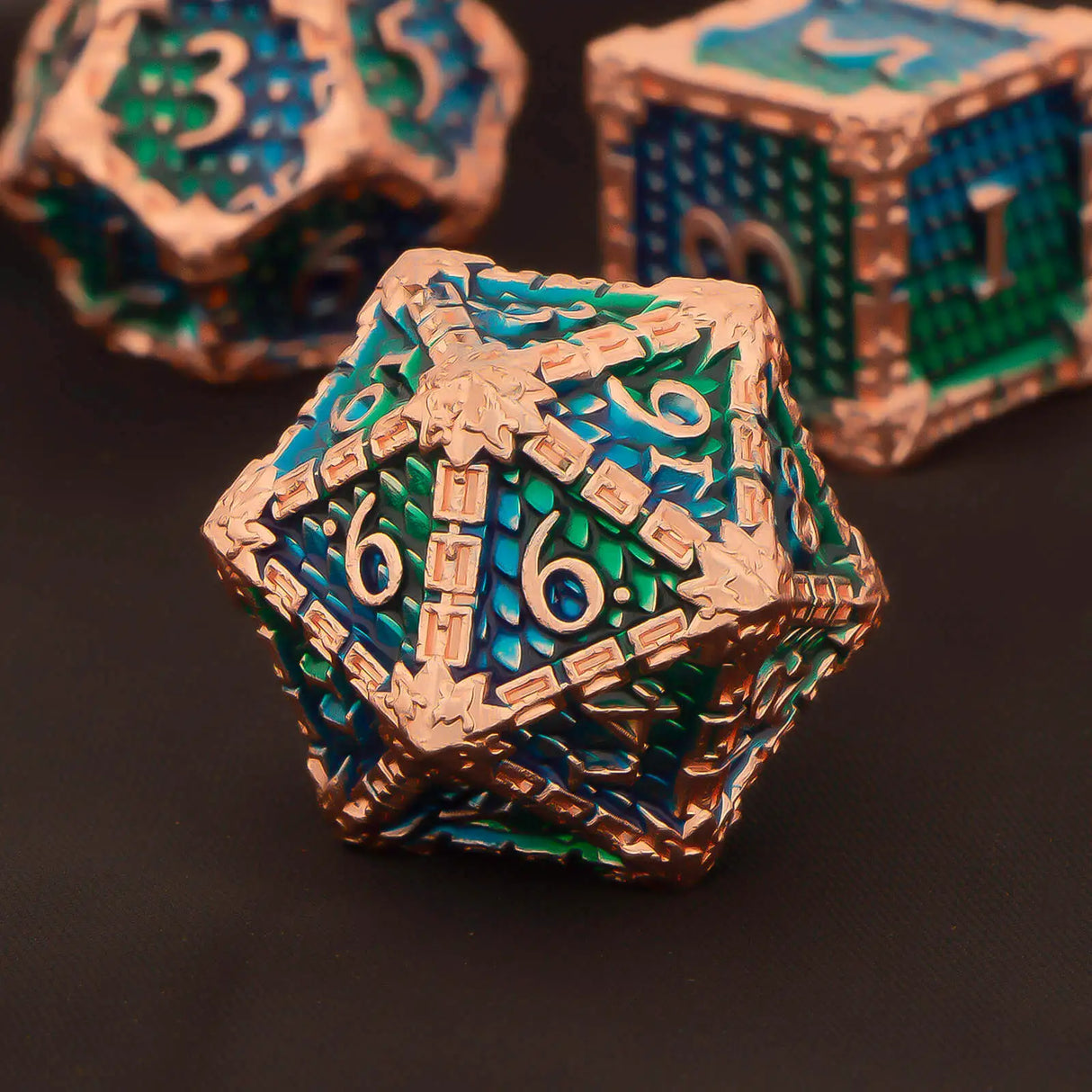 DND Metal Dice Set Green Blue Purple Dungeon