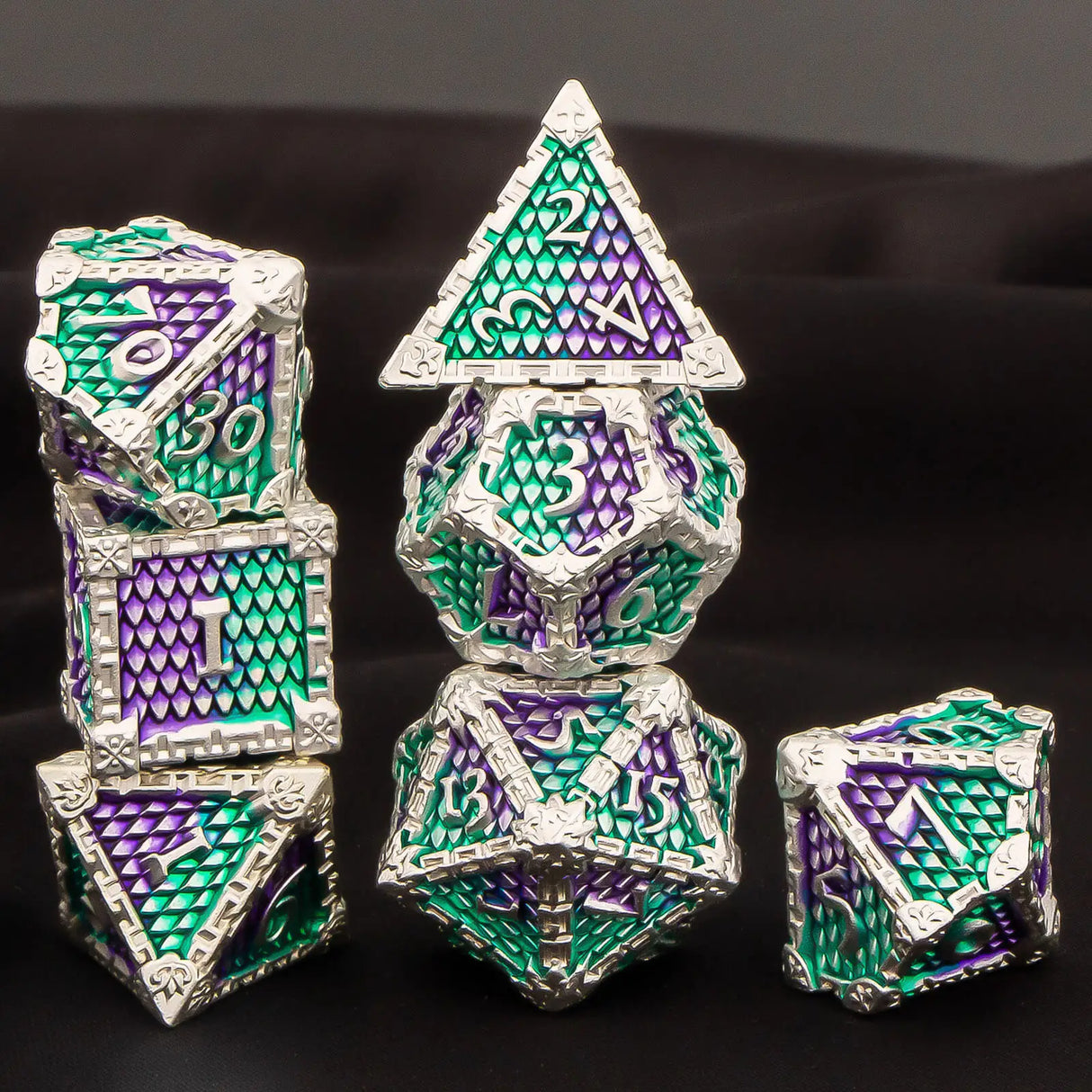 DND Metal Dice Set Green Blue Purple Dungeon