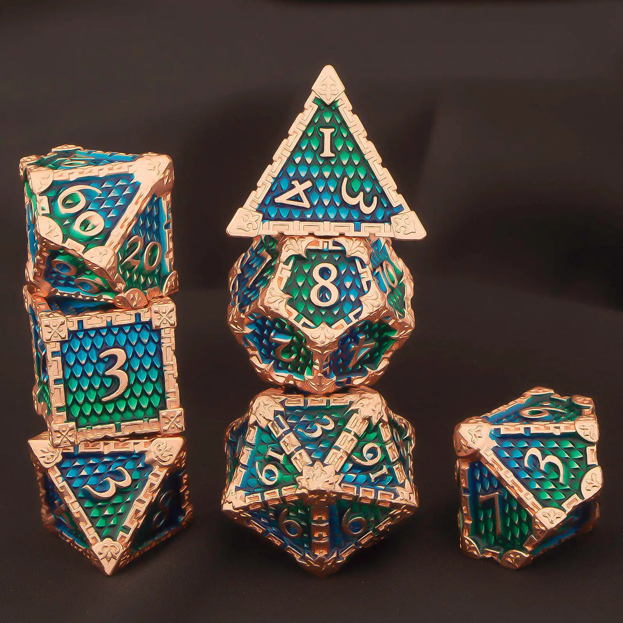 DND Metal Dice Set Green Blue Purple Dungeon