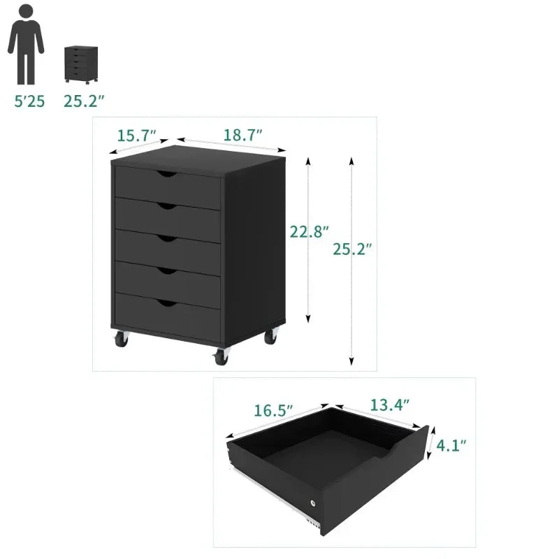 Dextrus 5-Drawer Wooden File Cabinet Chest Mobile Organizer