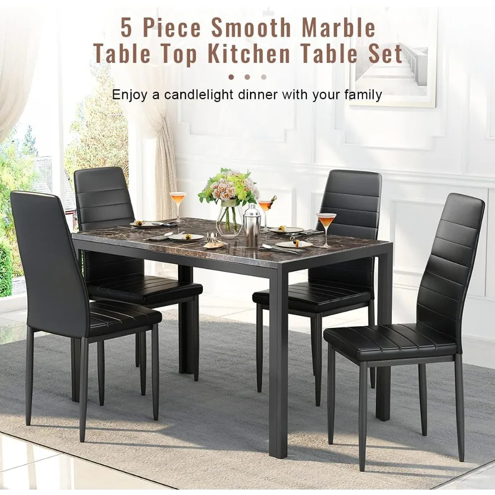 Dining Table Set 5 Piece, Marble Top and