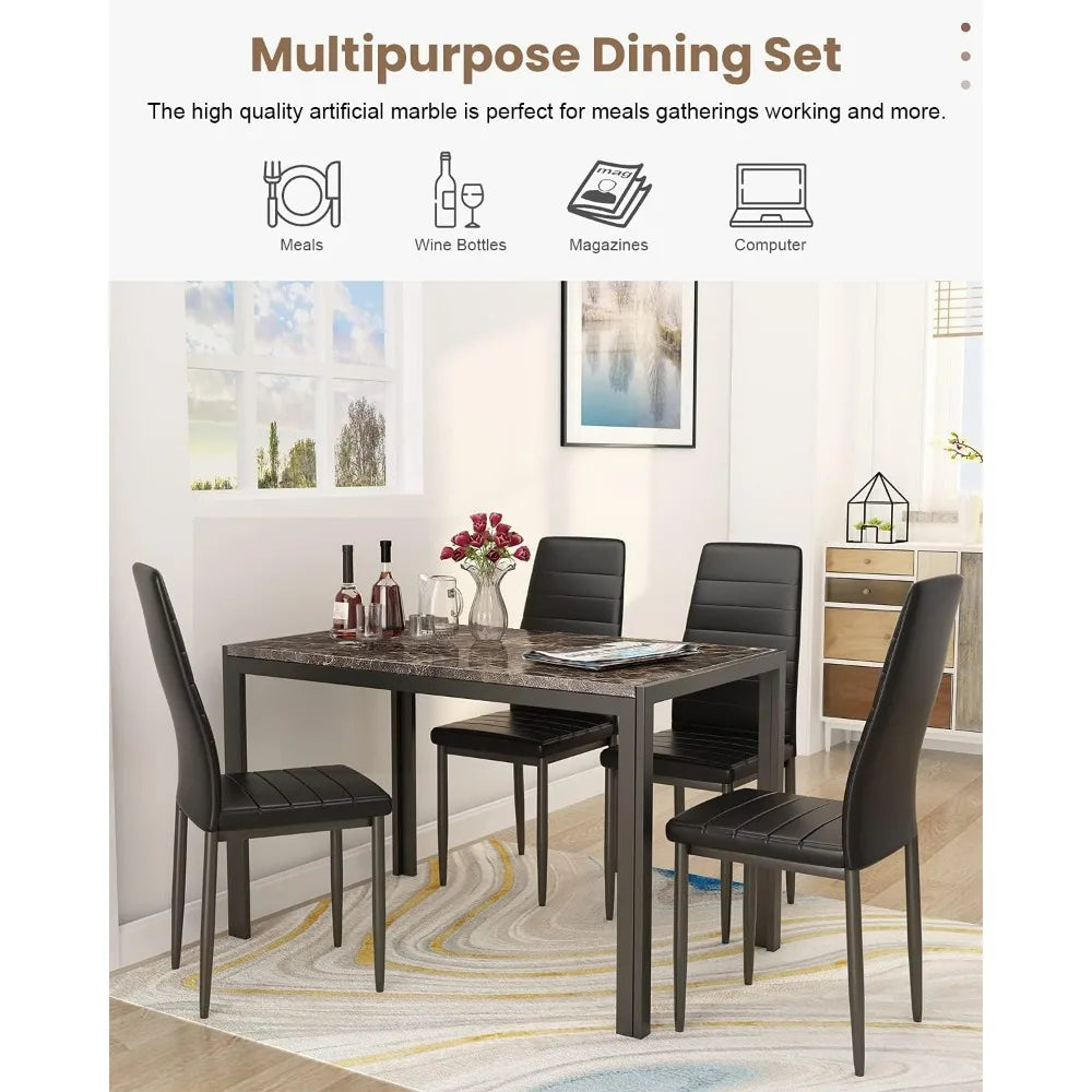Dining Table Set 5 Piece, Marble Top and