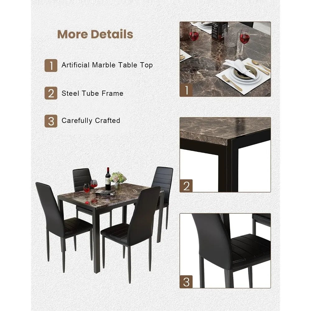 Dining Table Set 5 Piece, Marble Top and