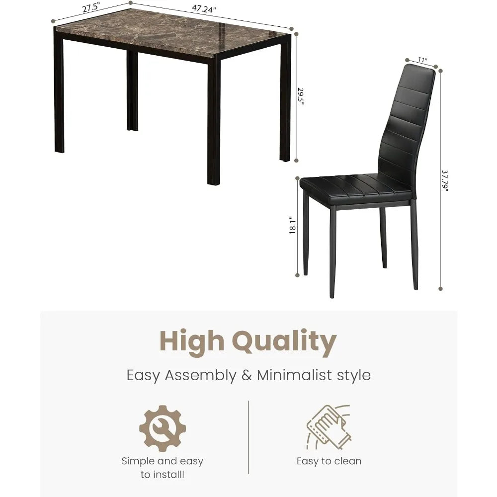 Dining Table Set 5 Piece, Marble Top and