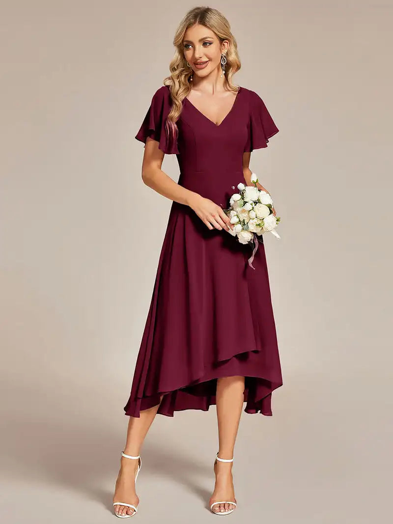 Elegant Evening Dresses V-Neck High Low CHiffon Ruffles