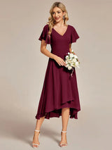 Elegant Evening Dresses V-Neck High Low CHiffon Ruffles