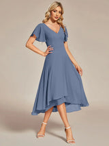Elegant Evening Dresses V-Neck High Low CHiffon Ruffles