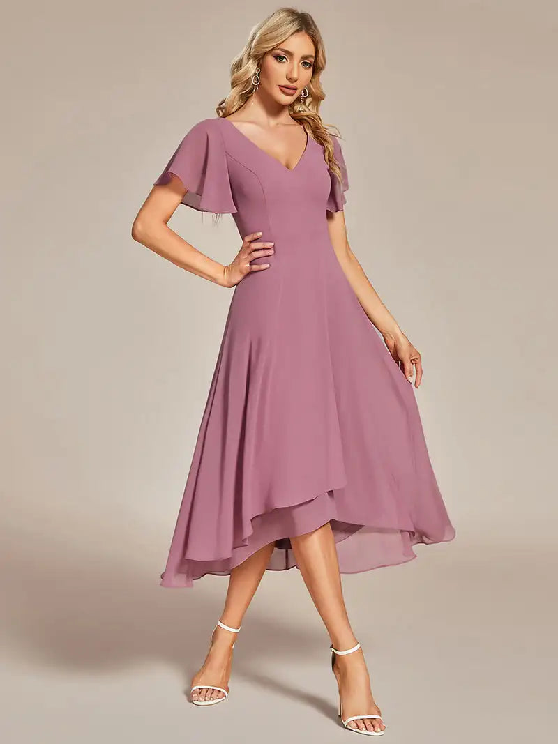 Elegant Evening Dresses V-Neck High Low CHiffon Ruffles