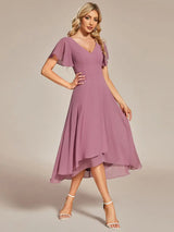 Elegant Evening Dresses V-Neck High Low CHiffon Ruffles