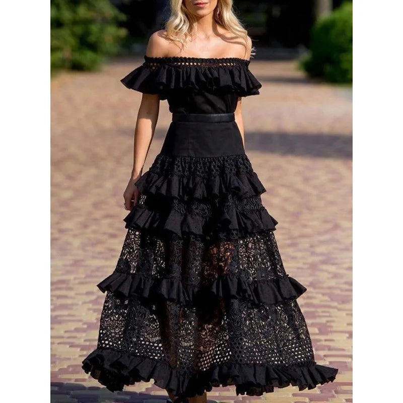 Elegant OneShoulder Solid Ruffle Long Evening Dress Summer